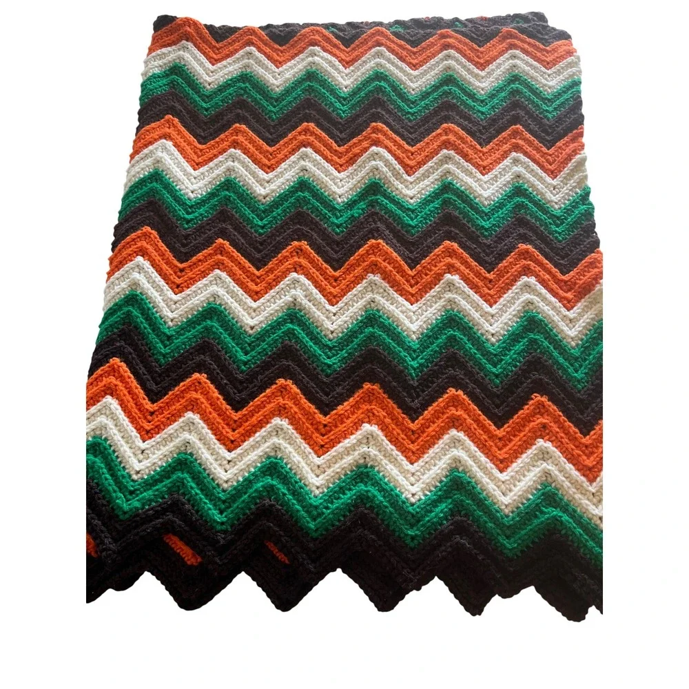 Vintage Handmade Crochet Chevron Afghan Throw Blanket 48X60